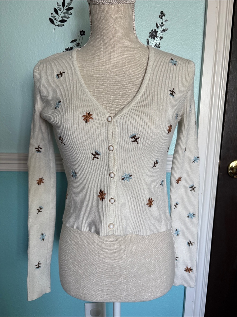 Cream Ribbed V-Neck Button Cardigan with Embroidered Flowers small